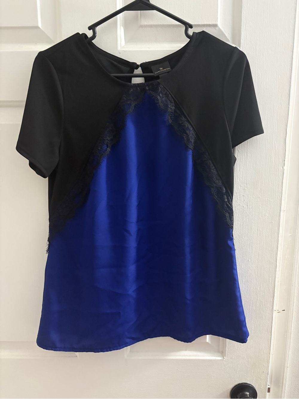 Worthington Black & Royal Blue Lace-Trim Mixed Media Blouse